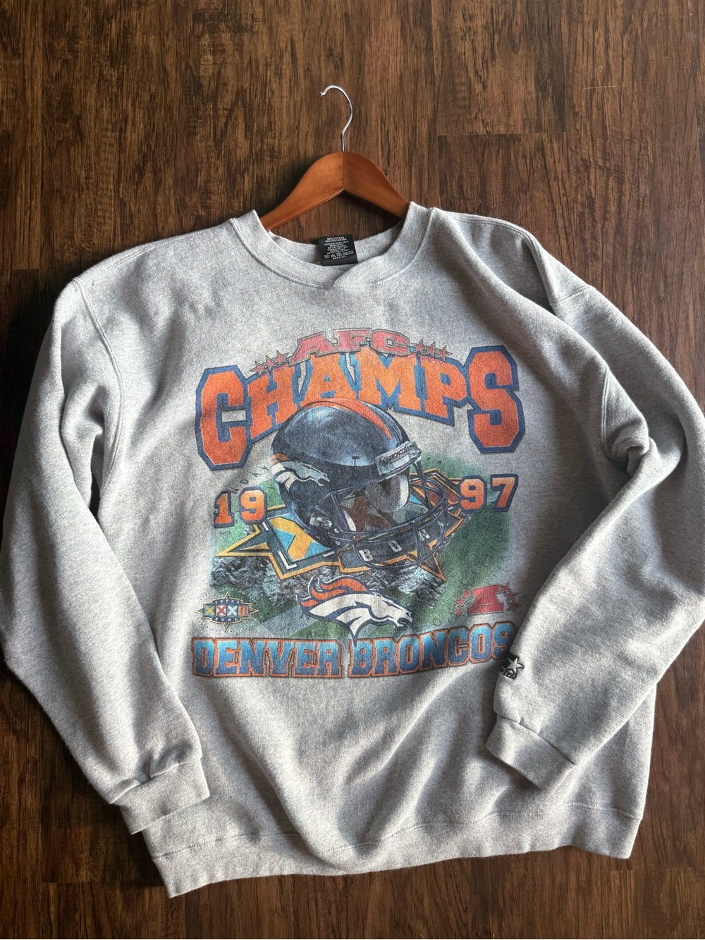 90s STARTER Denver Broncos Grey Crewneck with Orange & Blue Champs Graphic